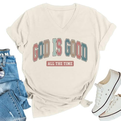 Christian Shirts for Women God is Good Tshirts Religious Faith Graphic T-Shirts Jesus Bible Verse V Neck Tees Tops - color: Beige, size: Large