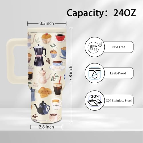 Gifts for Women - 24 oz Tumbler with Handle and Straw - Insulated Stainless Steel Cup, Leakproof, Cute Teapot Dessert Coffee Design Travel Mug, BPA Free, Fits Car Cup Holders, Keeps Drinks Cold/Hot - color: Coffee