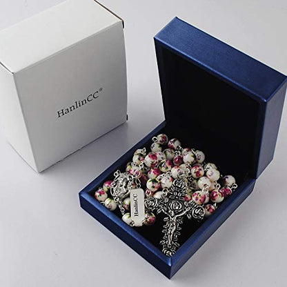 HanlinCC Catholic Rosary Pink Ceramic Flower Beads for Women with Gift Box