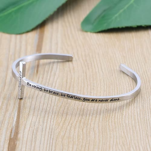 Memgift 𝐂𝐫𝐨𝐬𝐬 𝐁𝐫𝐚𝐜𝐞𝐥𝐞𝐭 Religious Cuff Bangle 𝐁𝐢𝐛𝐥𝐞 𝐕𝐞𝐫𝐬𝐞 Christian Gifts Jewelry for 𝐖𝐨𝐦𝐞𝐧 - style: Silver cuff-Be strong ,Be brave ,Be fearless.you are never alone -Joshua 1:9