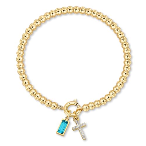 Korotho Cross Birthstone Bracelet for Women - Dainty Elastic 14K Gold Plated Bead Bracelets Trendy Waterproof Non Tarnish Birthday Jewelry Gifts Birthday Christmas Stocking Stuffer for Mom Friends - color: 03-March(Aquamarin)