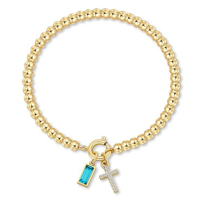 Korotho Cross Birthstone Bracelet for Women - Dainty Elastic 14K Gold Plated Bead Bracelets Trendy Waterproof Non Tarnish Birthday Jewelry Gifts Birthday Christmas Stocking Stuffer for Mom Friends - color: 03-March(Aquamarin)