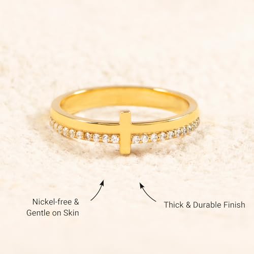 STORYJEWELLERY Cross Rings for Women, Purity Ring, Christian Ring, Christian Jewelry for Women, Confirmation Gifts, Baptism Gifts - color: Brass with 18K Gold Plating
