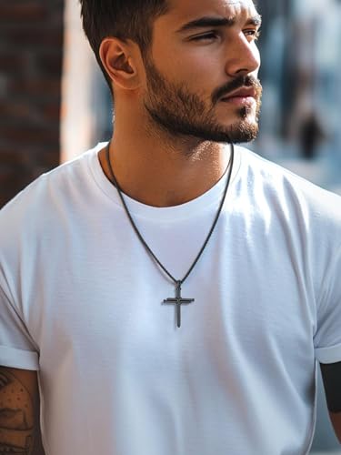FaithHeart Stainless Steel Cross Necklace for Men, Silver/Black/Gold Cross Chains for Men Religious Amulet Necklaces Christian Gifts for Dad - style: Nail Cross-Black