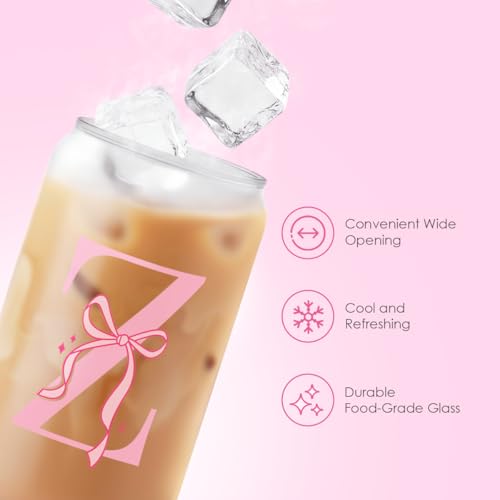 SANDJEST Monogrammed Glass Drinking Can Cup with Acrylic Lid and Straw, Personalized Frosted Iced Coffee Tumbler 16oz, Monogram Initial Gifts for Women Girls on Birthday (Z) - color: Z