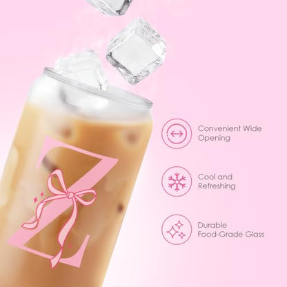 SANDJEST Monogrammed Glass Drinking Can Cup with Acrylic Lid and Straw, Personalized Frosted Iced Coffee Tumbler 16oz, Monogram Initial Gifts for Women Girls on Birthday (Z) - color: Z