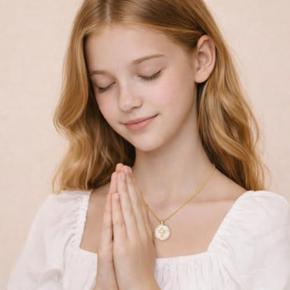 Gold Enamel Mini Cross Necklace Tiny Mother of Pearl Cross Necklace Religious Christian Gift for Baptism First Communion Christmas - color: bless this g*irl cross necklace-white