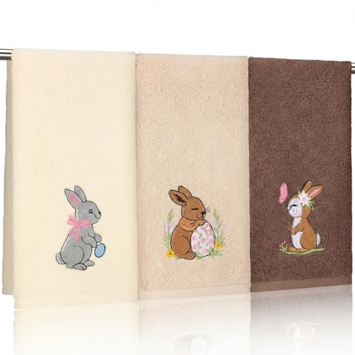 SmoothNovelty 3 Pcs Easter Hand Towels for Bathroom Bunny Egg Embroidered Cotton Kitchen Towels Rabbit Flower Dishcloth 13.3" x 29.5" Easter Kitchen Decors for Housewarming Spring Gift(Beige Brown) - color: Easter, size: 13.3 x 29.5 inches