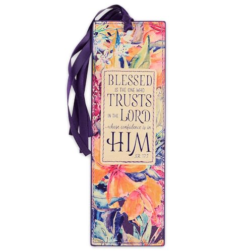 Christian Art Gifts Faux Leather Floral Bookmark: Blessed is The One - color: Purple - Blessed/Trust Lord