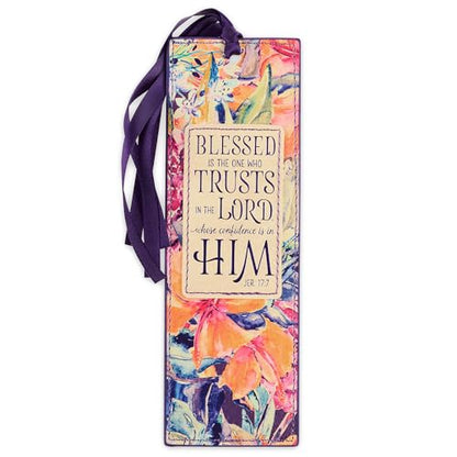 Christian Art Gifts Faux Leather Floral Bookmark: Blessed is The One - color: Purple - Blessed/Trust Lord