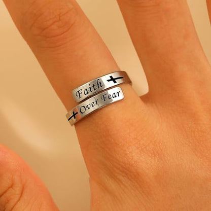 Faith Over Fear Cross Inspirational Rings, S925 Silver Adjustable Tiny Purity Christian Wrap Ring Christian Blessed Hope Encouragement Ring Christmas Graduation Cocktail Party Jewelry Gifts for Women - color: Silver