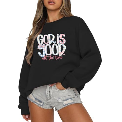 Christian God Is Good Sweatshirts for Women Jesus Bow Bible Verse Sweatshirt Faith Religious Graphic Hoodies - color: Black, size: X-Large
