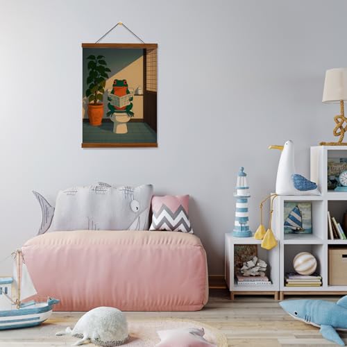 FOPENEM Funny Frog Bathroom Wall Art Decor, Whimsical Japanese Frog Reading Newspaper on Toilet Wall Decor Poster Hanger Frame for Home Bathroom Washroom Restroom, 12x16 Inches - color: white-Bathroom Frog