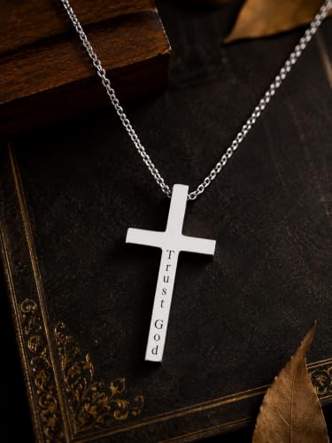 Engraved Cross Necklace for Men, Women & Boys & Girls Cross Necklace, Stainless Steel Cross Pendant Necklace, Faith & Inspiration Christian Jewelry Gift - color: Trust God