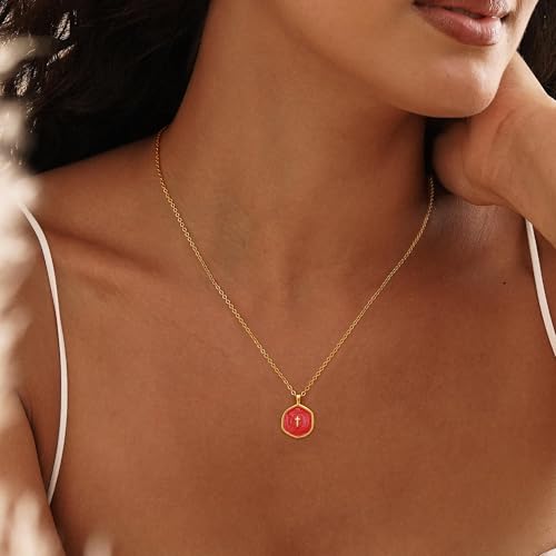 Robaice Cross Necklace for Women, Dainty 14K Gold Plated Cross Necklace - style: disc cross red