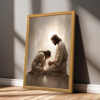 FASWQ Wood Framed Jesus Comforting Woman Christian Wall Art 12x16 in - color: JesusConfession(Wood), size: 16"L x 12"W