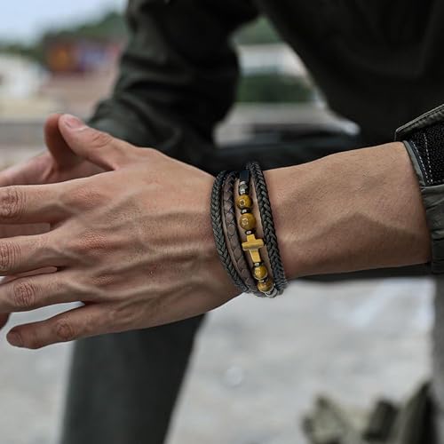 Men's Leather & Lapis/Onyx/Turquoise/Tiger Eye Cross Bracelet - Braided Christian Jewelry for Men, 8.3" & 9.1" Sizes - color: Tiger Eye, size: 9.1in(Fits larger wrists)