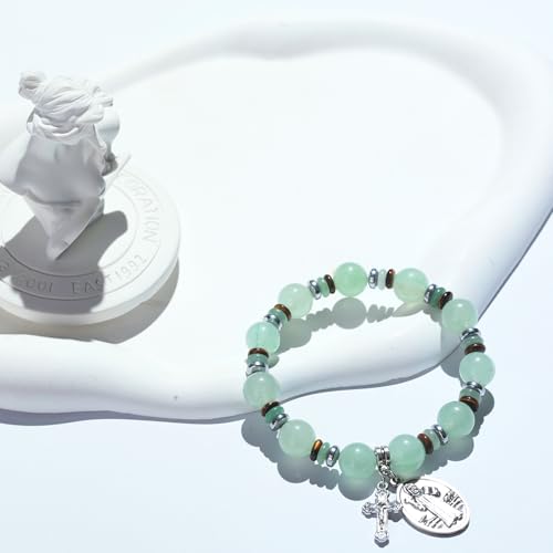 Rosary for Men Women, Natural Stone Beads with St. Benedict Bracelet - color: Green