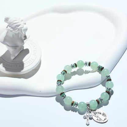 Rosary for Men Women, Natural Stone Beads with St. Benedict Bracelet - color: Green