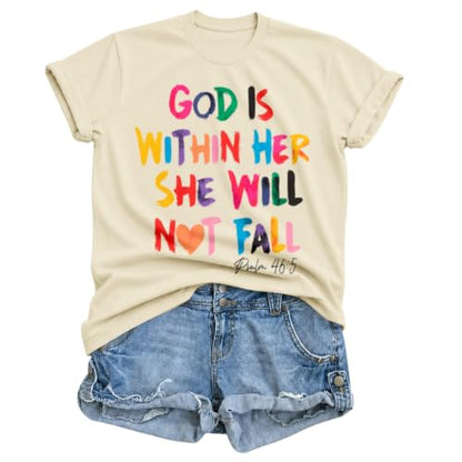 Sulayesh Christian Shirts for Women Jesus God is Within Her Tshirt Faith Inspirational Bible Verse Religious Graphic Tee Tops - color: Apricot, size: Large