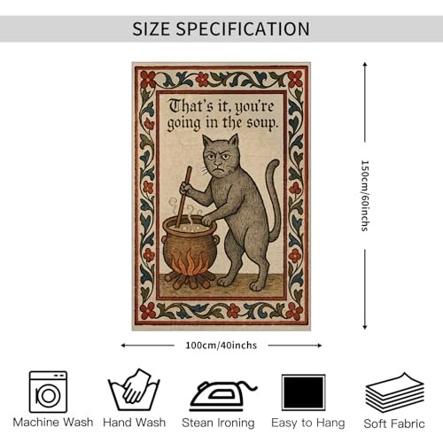 FoxUncle Weird Medieval Cat Tapestry Vintage Medieval Cat Aesthetic Wall Art Funny Quirky Animal Wall Decor 40 x 60 inches Home Decor for Living Room Hallway Bedroom - color: White, size: 60"L x 40"W
