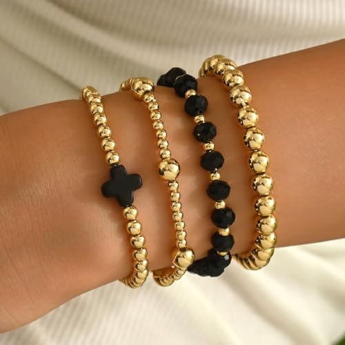 Colorful Cross Charm Bracelets for Women Men Adjustable Gold Plated Beaded Bracelet Boho Bead Ball Stretch Bracelet Birthday Summer Beach Jewelry - color: Black C