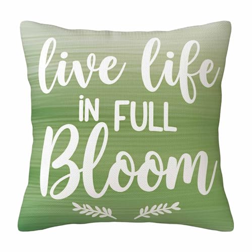 Motivational Floral Quote Throw Pillow Cover,Live Life in Full Bloom Green Decorative Pillow Case,Spring Garden Cotton Linen Cushion Case for Home Decor 18 * 18 Inch - color: Settype09