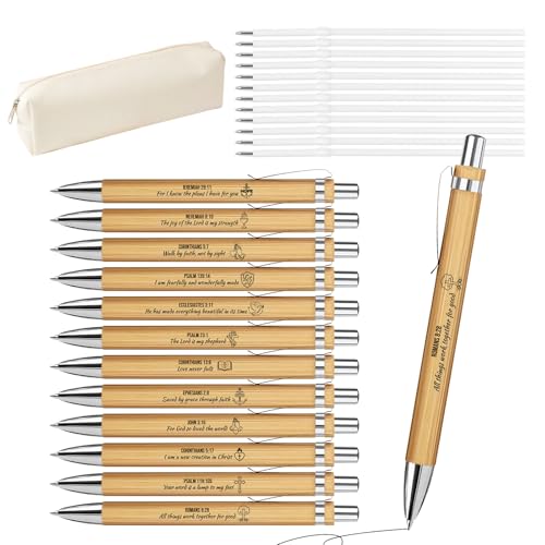 Bible Verse Pens 25 Pcs with 12 Christian Pens & 12 Refills & 1 White Pen Pouch Bamboo Retractable Ballpoint Pens Inspirational Quote Pen Religious Gifts for Men Women - color: Light White