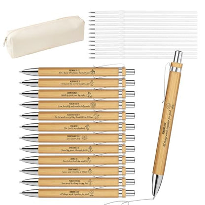 Bible Verse Pens 25 Pcs with 12 Christian Pens & 12 Refills & 1 White Pen Pouch Bamboo Retractable Ballpoint Pens Inspirational Quote Pen Religious Gifts for Men Women - color: Light White