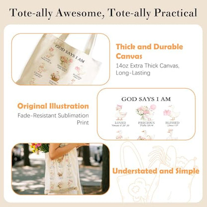 Aesthetics Canvas Tote Bag - Art Design Gift for Women, Reusable Purse Tote Bag with Inner Zip Pocket - style: God Says I Am