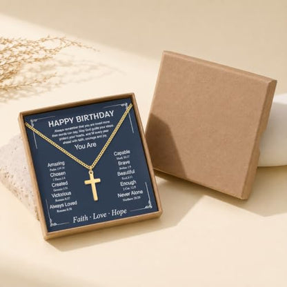 Small Cross Necklace for Boys Baptism Christmas Confirmation Valentines Easter Birthday Gifts to Teens Son Grandson Nephew - color: gold, style: Happy Birthday