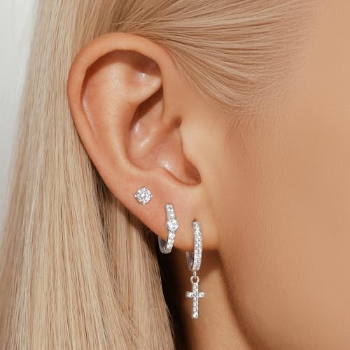 Angelady Gold Hoop Earrings Set for Women, Dainty 14K Gold Plated Flower Moon Cross Dangle Earrings, Hypoallergenic Huggie Hoop Earring Stacks, Stud Earrings for Women Trendy Jewelry Gift - color: Silver,Cross Earrings