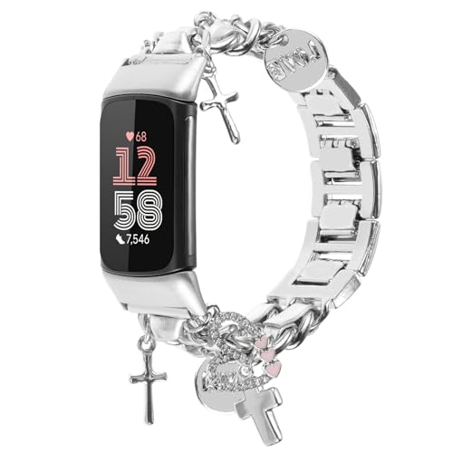 Stylish Metal Wristband Compatible with Fitbit Charge 6/Charge 5 Bands for Women,Cute Strap with Unique Love Cross Pendants Chain Charms Bracelet for Charge 5 6 Fitness Tracker - color: Silver+Silver Leather