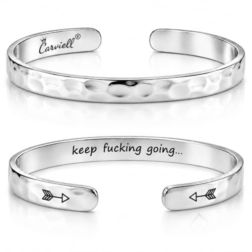 Carviell Bracelets for Women – 100+ Meaningful Engraved Messages – Solid 316L Surgical Stainless Steel Cuff Bracelet – Gift Ready - color: BADASS GIFT - Keep f##king going