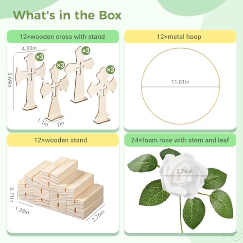48 Pcs Baptism Centerpieces for Tables - Baptism Table Decorations - 12 Wood Crosses, 12 Metal Floral Hoops with Stands, and 24 Foam Roses - Garland Strands Kit for Baptism Party, Wedding Decor