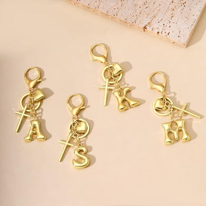 Initial Bag Charms Keychains Women, Cross Cute Heart Letter Key Chain Purse Backpack Handbags Keychain Christian Gift - color: Gold O