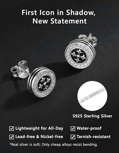 KRKC&CO Earrings for Men, Sterling Silver Earrings Studs, Hypoallergenic - color: Black I
