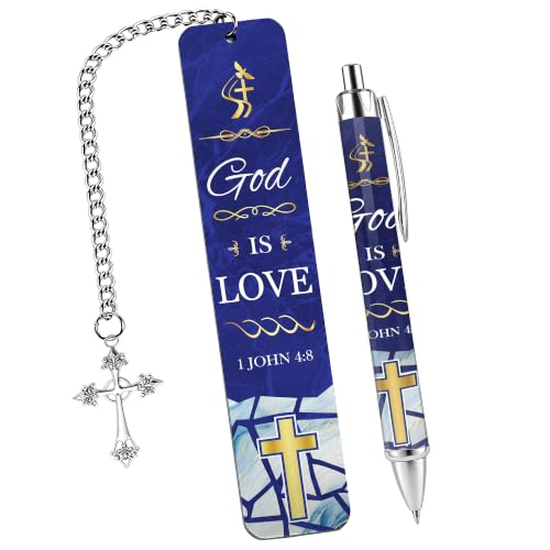 Christian Bookmarks Gift Set Bible Verse Metal Bookmark Pen for Women Men - style: Religious Blue