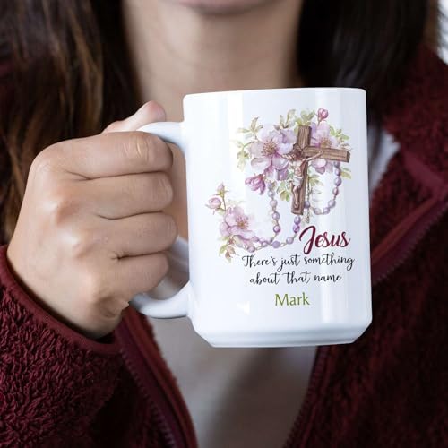 Personalized 11oz & 15oz Ceramic Coffee Cup With Cross & Rosary Design, Customized Name Christian Coffee Mug - color: XUA-324-1555-HOLY CROSS ROSARY MUG