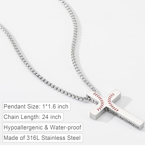Baseball Bible Verse Cross Necklace for Boys Men, Stainless Steel Cross Pendant Baseball Game Day Christian Religious Jewelry Gifts for Teen Boys Kids - color: Silver, style: Joshua 1:9