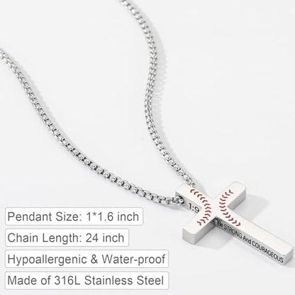 Baseball Bible Verse Cross Necklace for Boys Men, Stainless Steel Cross Pendant Baseball Game Day Christian Religious Jewelry Gifts for Teen Boys Kids - color: Silver, style: Joshua 1:9