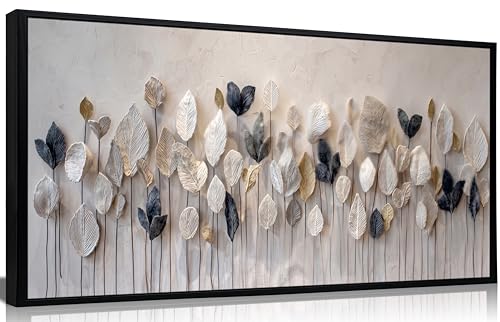Large Framed Modern Boho Wall Art Textured Neutral Leaf Canvas Wall Decor Abstract Botanical Canvas Print, Modern abstraction Nature Art Picture for Office Living Room Bedroom or Halls 24X48in - color: Boho Leaves, size: 48"L x 24"W