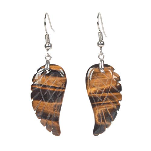 Gemstone Crystal Healing Reiki Chakra Handmade Angel Wing Dangle Earrings - color: Yellow Tiger Eye