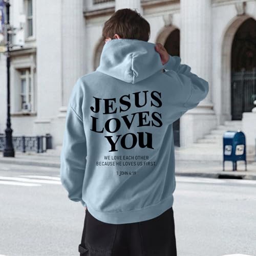 Christian Jesus Loves You Hoodies for Teen Religious Faith Sweatshirts Bible Verse Graphic Youth Hoodie - color: Blue Gray, size: Large