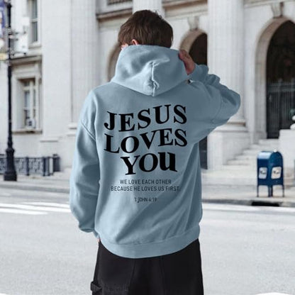 Christian Jesus Loves You Hoodies for Teen Religious Faith Sweatshirts Bible Verse Graphic Youth Hoodie - color: Blue Gray, size: Large