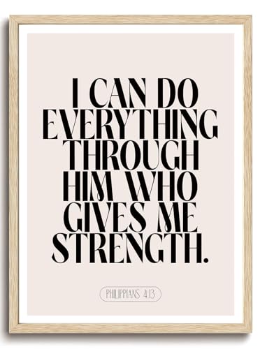 KISSFOX Jesus Christian OAK Wood Framed Wall Art Inspirational Philippians 4:13 Bible Verse Canvas Art Prints Modern Scripture Pictures Wall Decor Boho Art Paintings Posters For Bedroom Living Room - color: PHILPPIANS, size: 12"x16" Wood