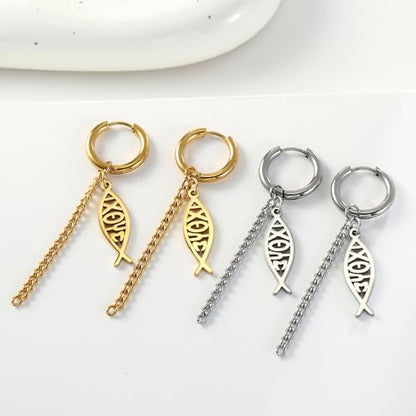 Ichthus Fish Dangle Earrings Ichthus Cross Earrings Christian Jesus Fish Earrings Religious Jewelry Christian Symbols Accessories Gift for Women - color: Jesus Fish silver
