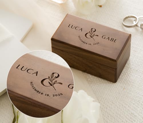 Custom Name & Date Ring Box - Personalized Botanical Walnut Wood Holder - color: Custom &