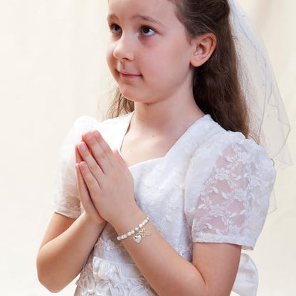 Eaciy First Communion Gifts for Girls - 14K Whited Gold Plated Cross Heart Bracelet First Baptism Communion Communion Bracelet Gifts for Teen Girls - color: Confirmation
