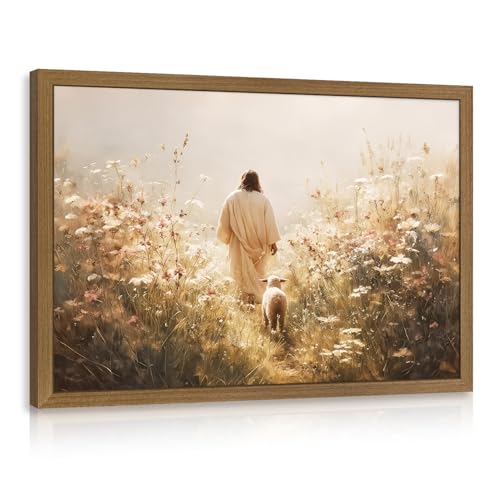 Snlihc Wood Framed Good Shepherd Jesus Lamb Hallway Wall Art 16x24 in - color: Lamb(Wood), size: 24"L x 16"W